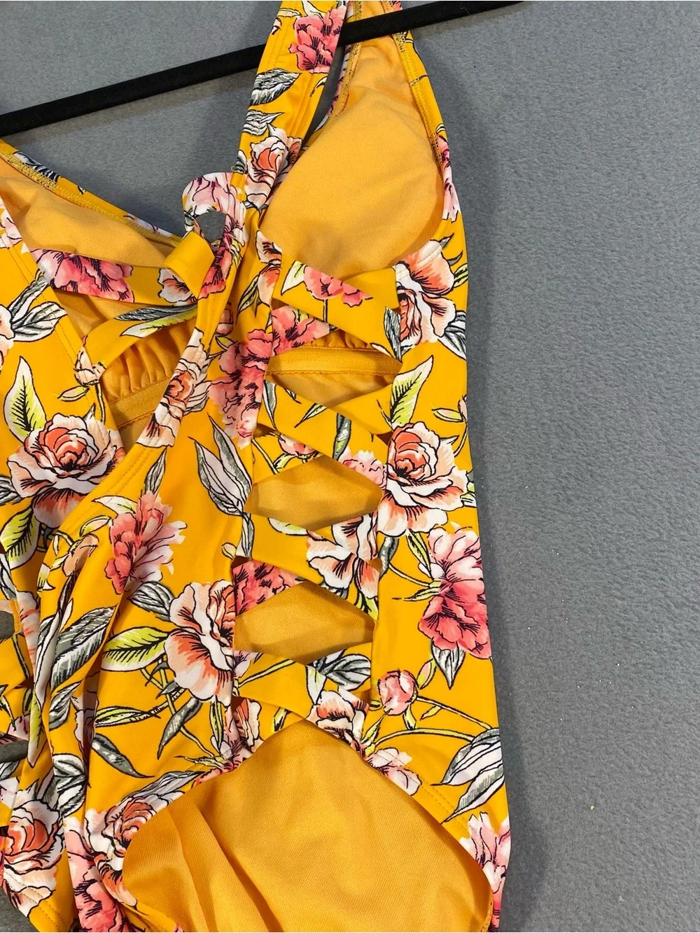 Xhilaration Juniors Yellow & Pink Floral One-Piece Swimsuit w/side crisscross